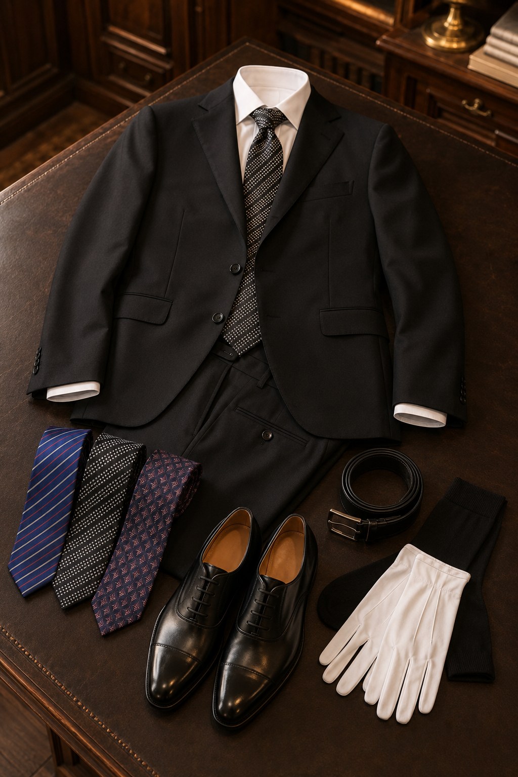 Kit operatore completo Sartoria Campana: abito nero, camicia, cravatte, cintura, calzini, guanti bianchi e scarpe stringate